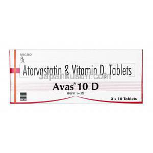 アヴァス D, アトルバスタチン10mg/ビタミンD3　1000IU,錠剤, 箱表面